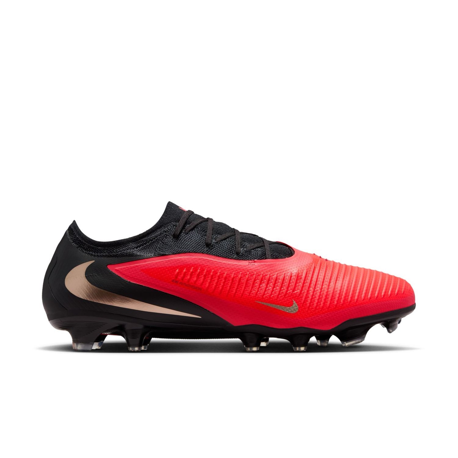 Nike Phantom 6 Low Pro FG red and black firm-ground soccer cleats with VNMSkin upper and Cyclone 360 traction plate.