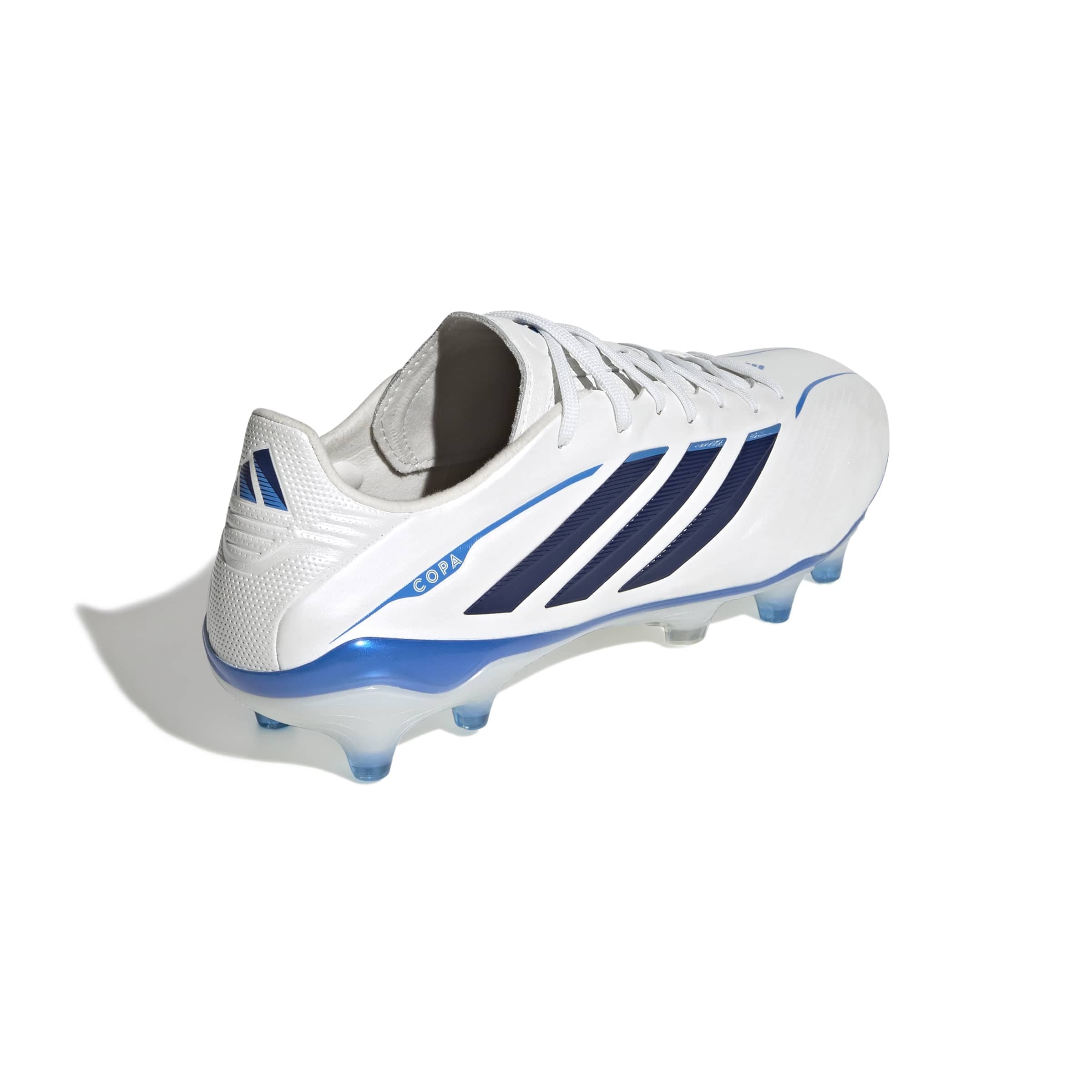 adidas Copa Pure IV Elite FG soccer cleat in white and blue with firm-ground outsole