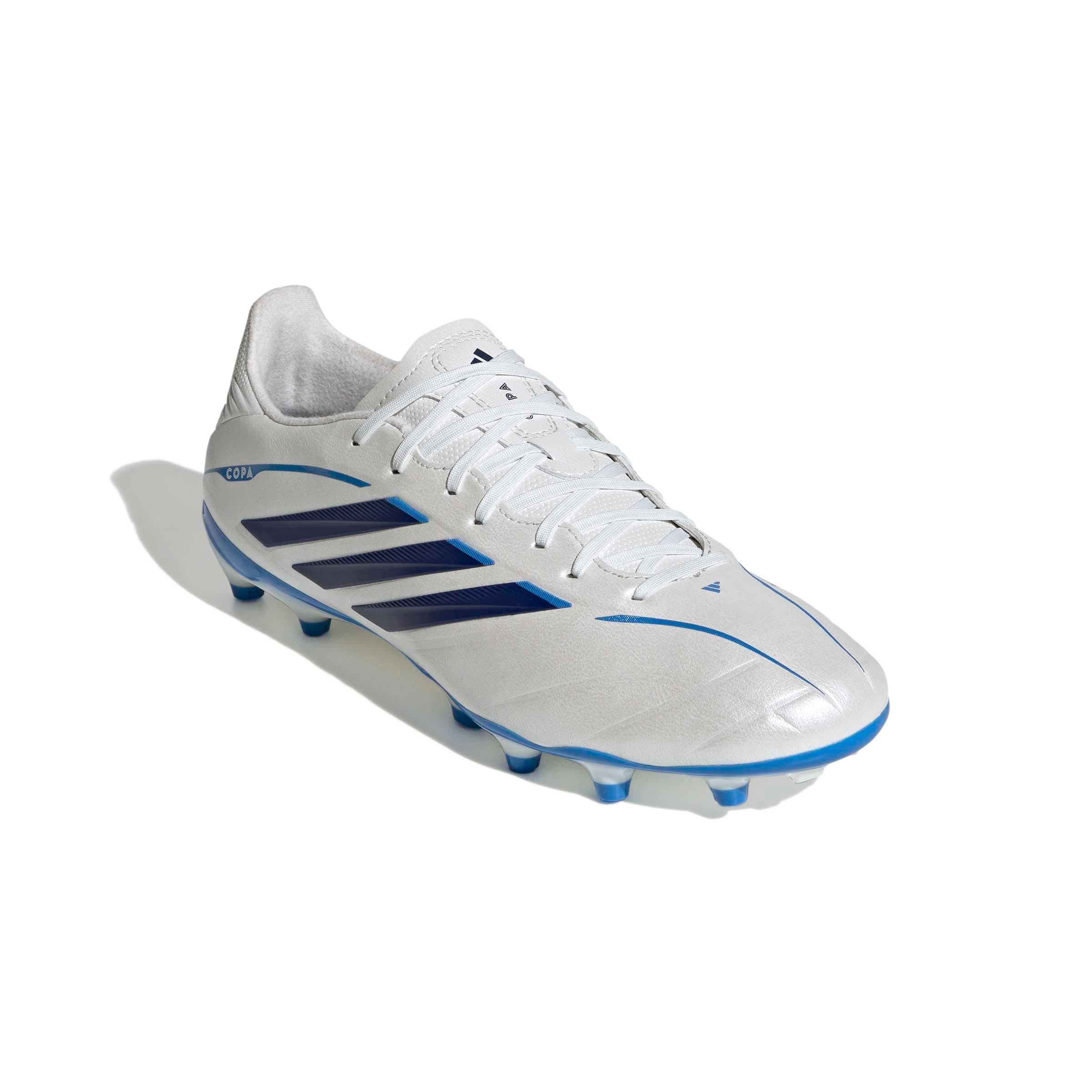 adidas Copa Pure IV League FG soccer cleats in white, blue and silver with firm-ground outsole