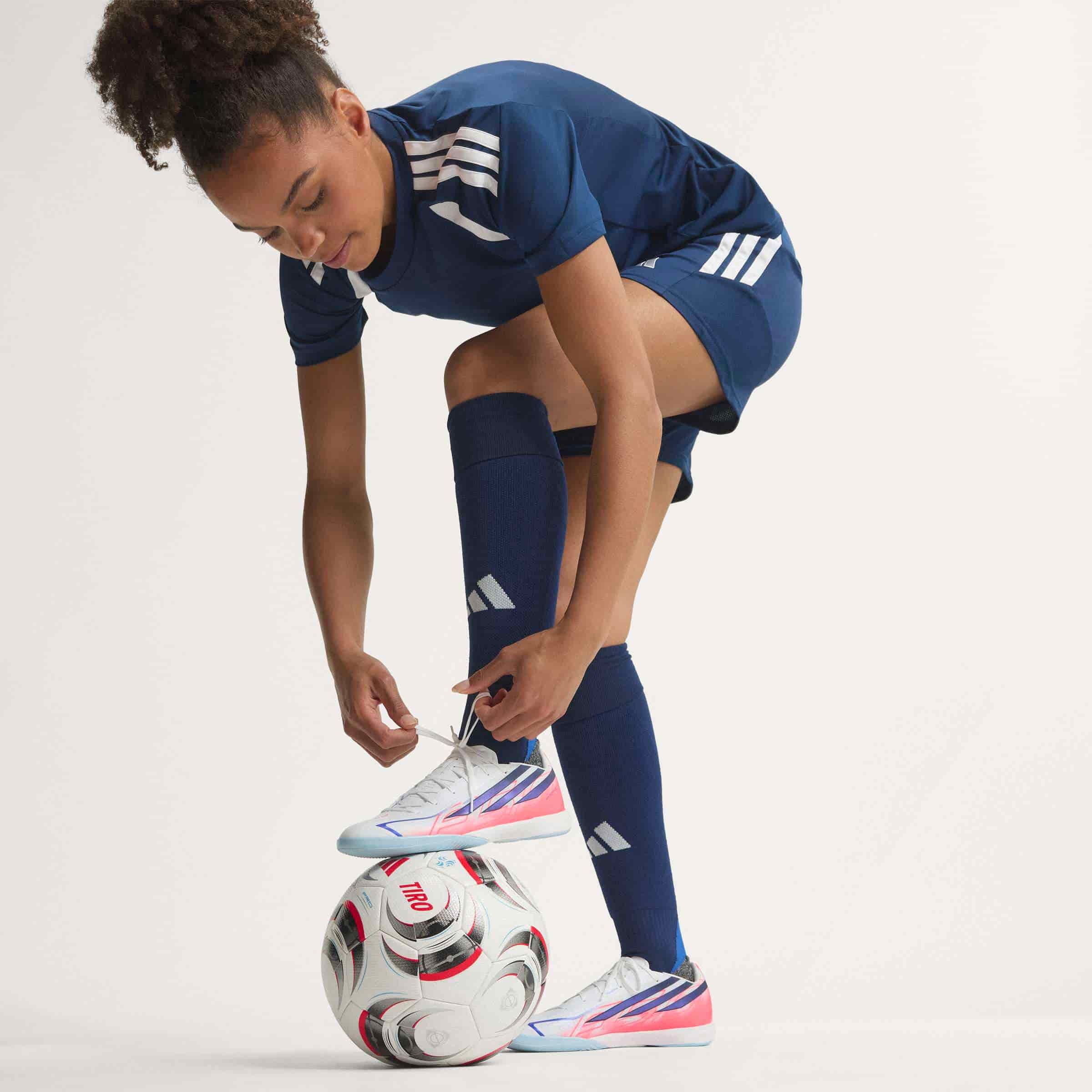 adidas F50 Hyperfast League IC indoor soccer cleat in silver, navy and pink with non-marking rubber outsole