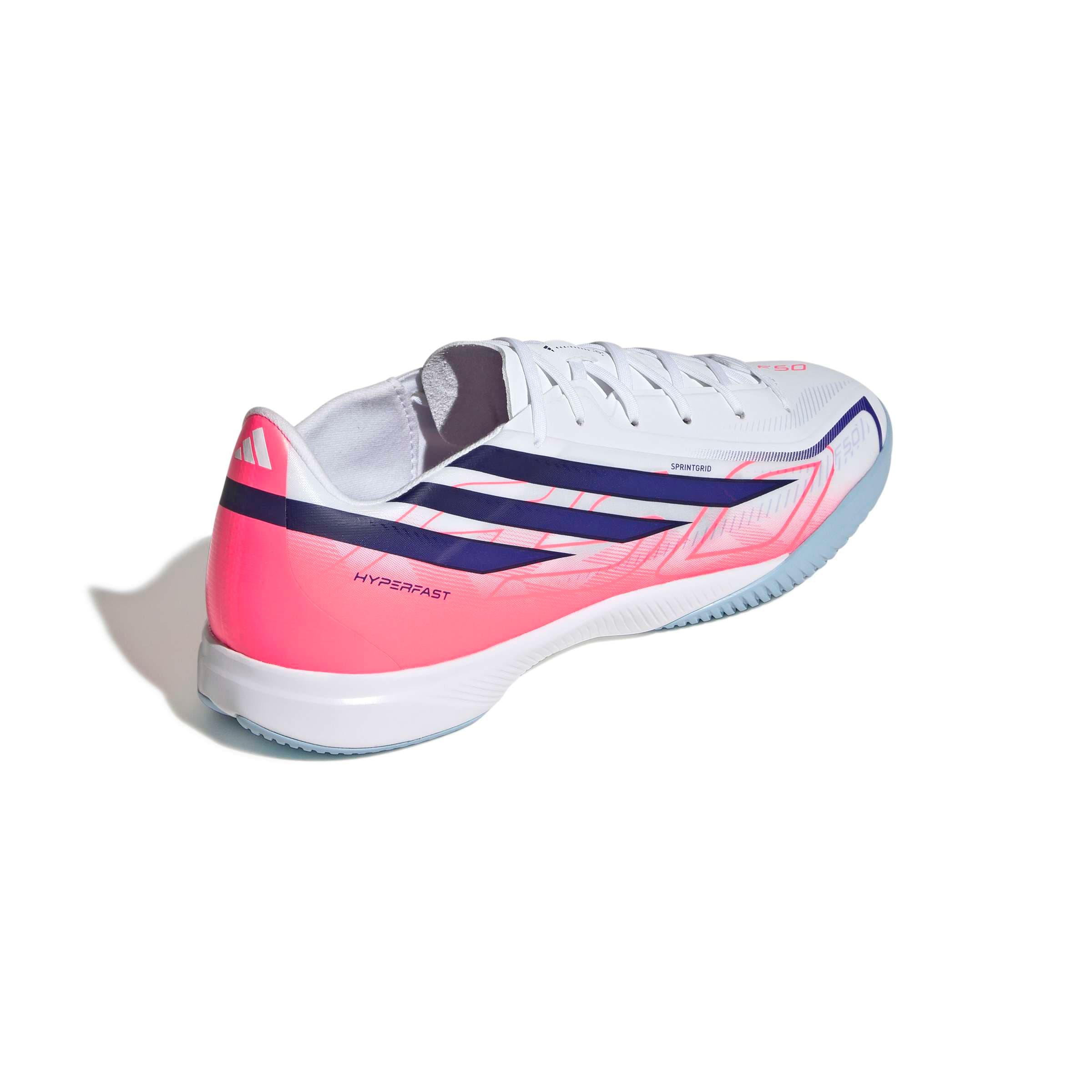 adidas F50 Hyperfast League IC indoor soccer cleat in silver, navy and pink with non-marking rubber outsole