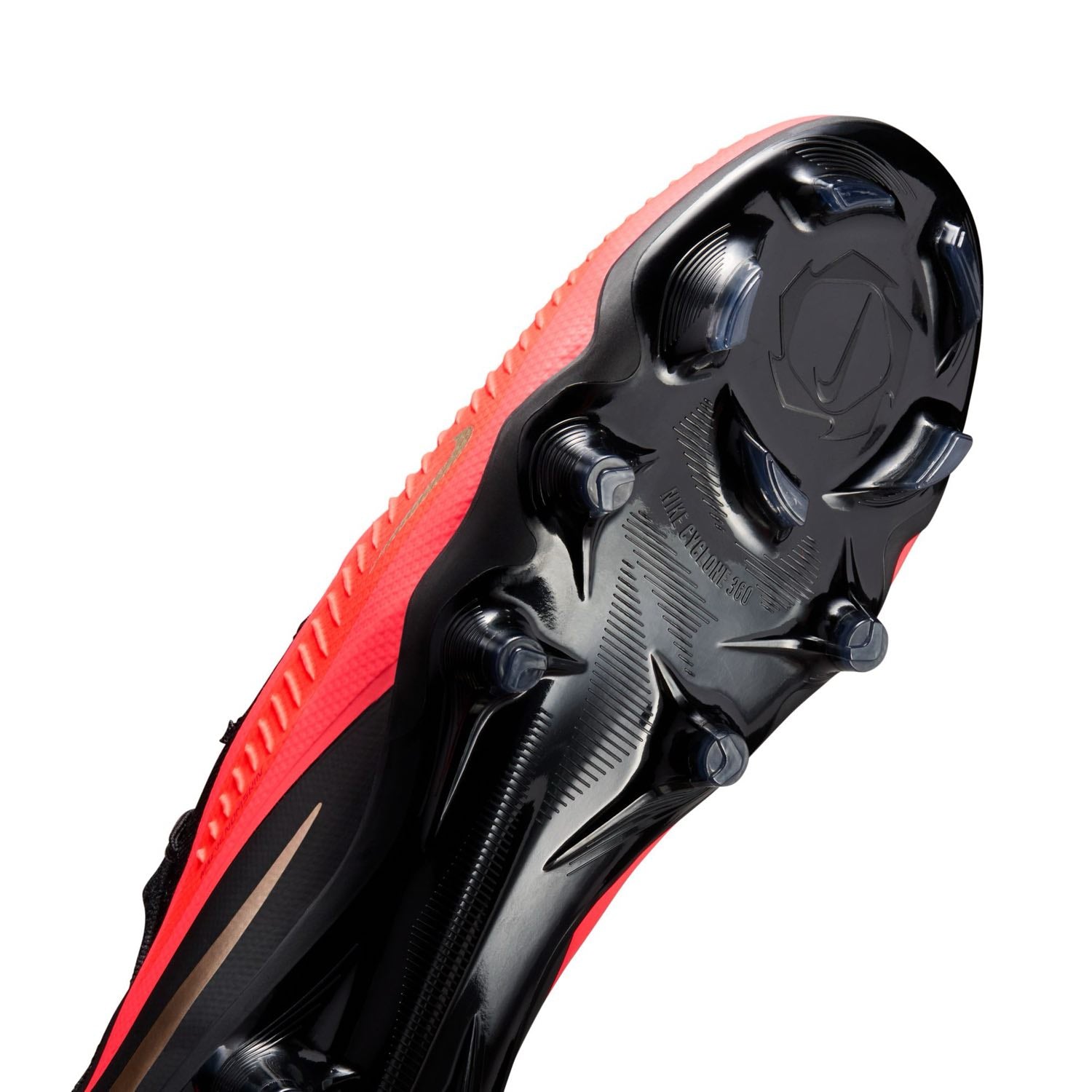 Nike Phantom 6 Low Pro FG red and black firm-ground soccer cleats with VNMSkin upper and Cyclone 360 traction plate.
