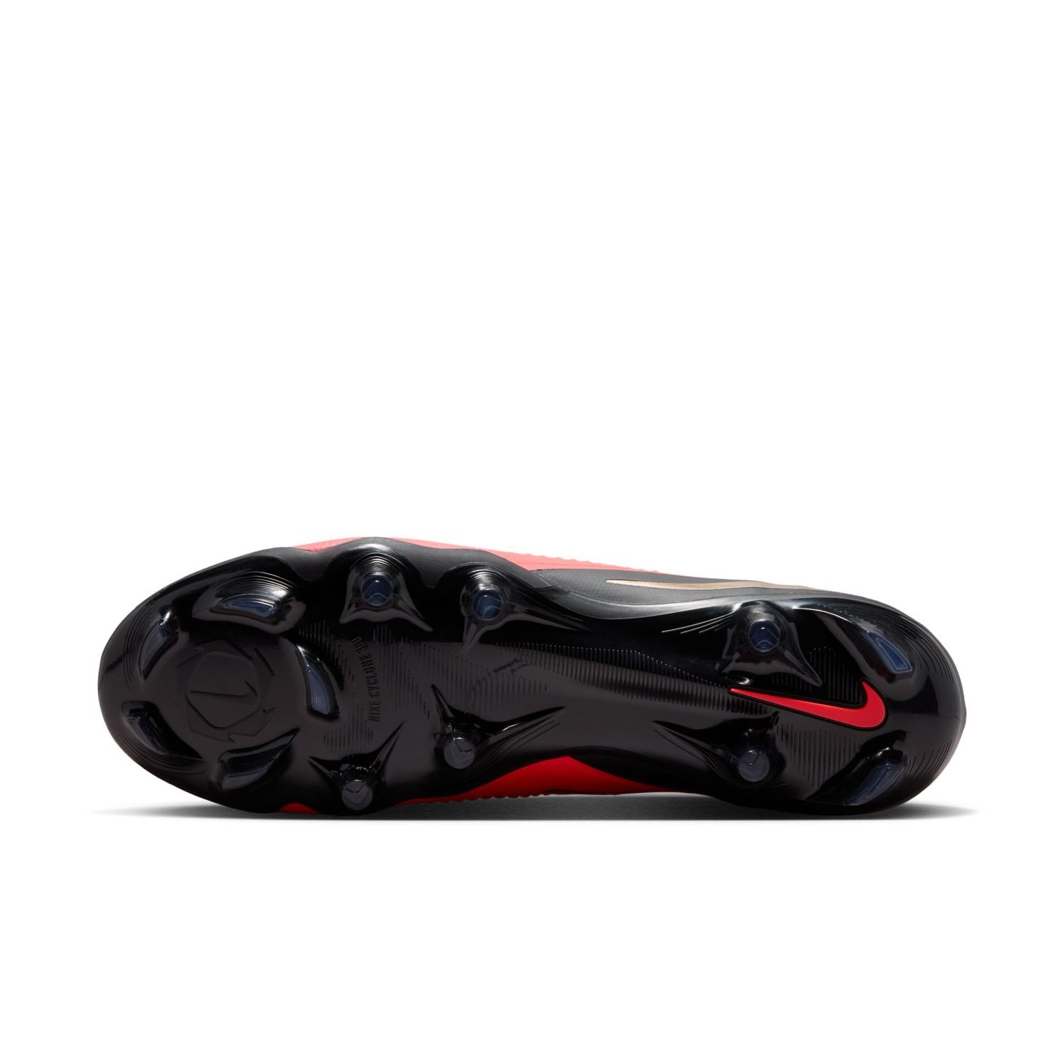 Nike Phantom 6 Low Pro FG red and black firm-ground soccer cleats with VNMSkin upper and Cyclone 360 traction plate.