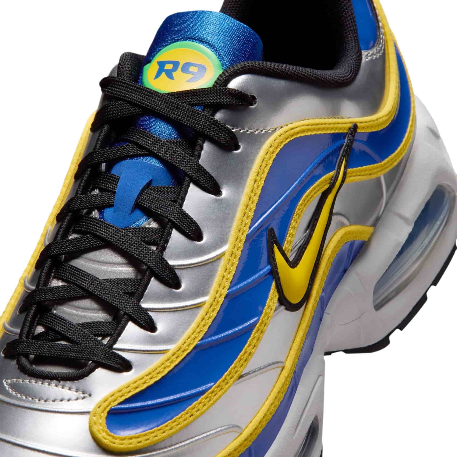Nike Air Max Joga Bonito R9 men’s shoes in silver, blue and yellow inspired by Ronaldo Nazário’s iconic Mercurial R9