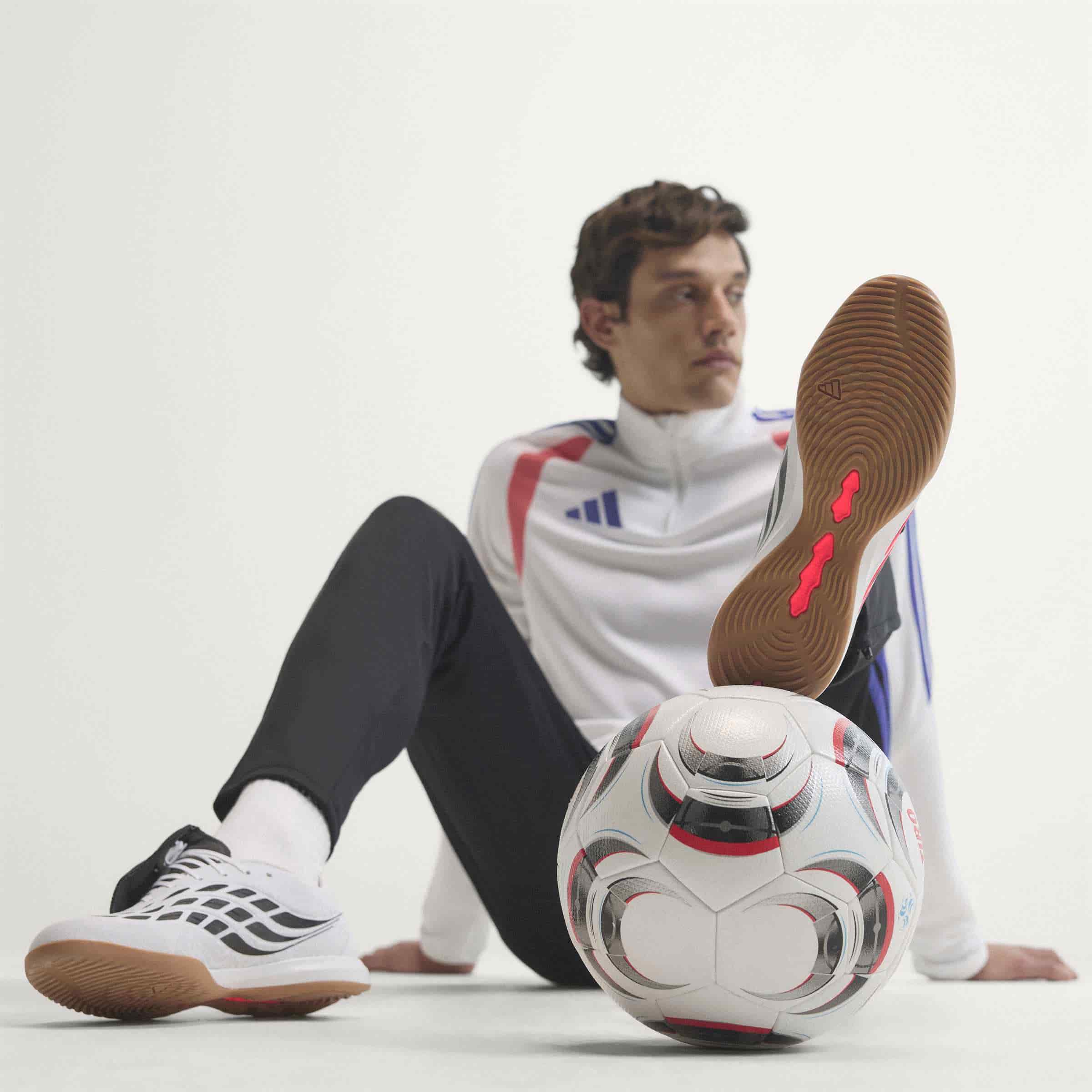 adidas Predator League Fold-Over Tongue IC indoor soccer cleats in white, pink and black with rubber court outsole