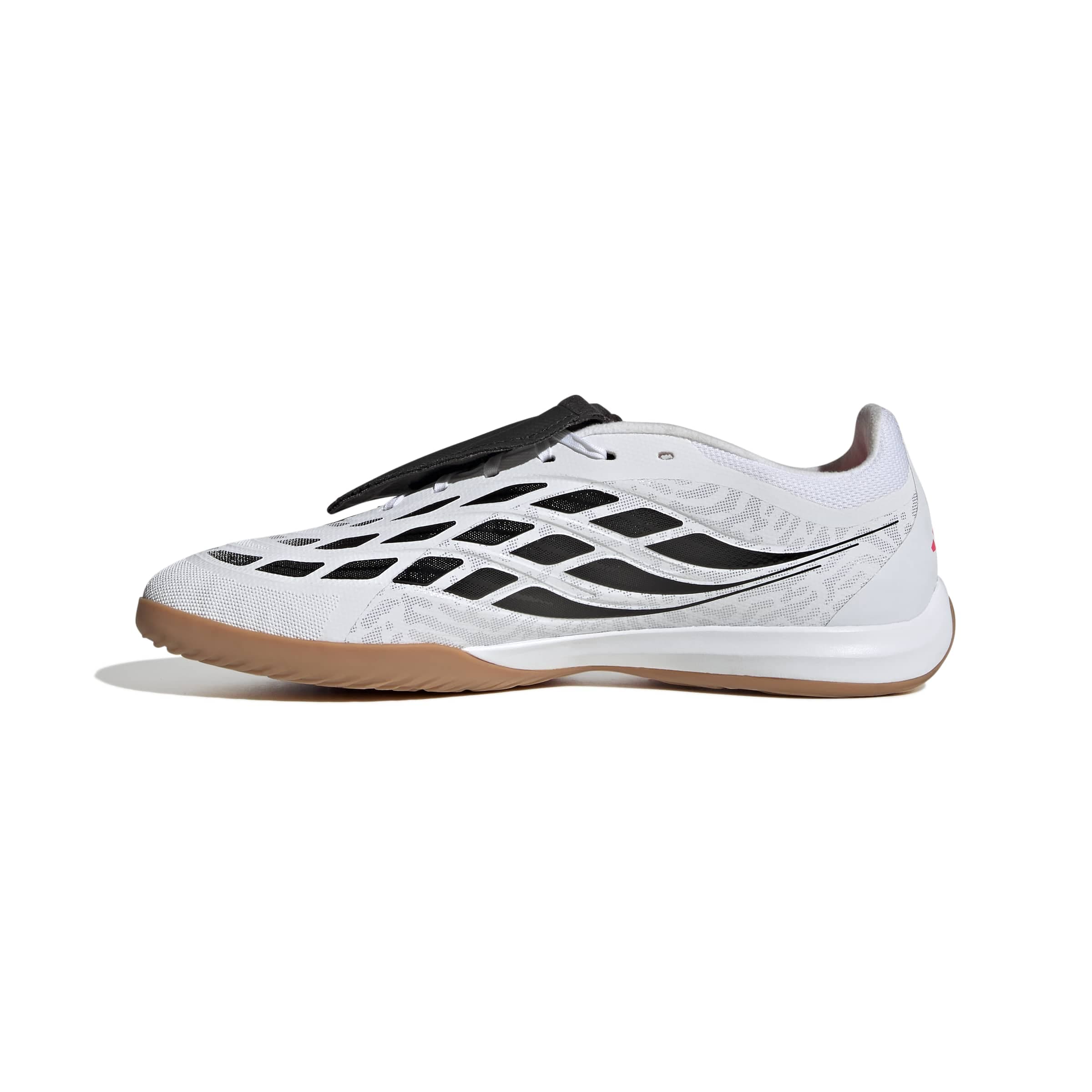 adidas Predator League Fold-Over Tongue IC indoor soccer cleats in white, pink and black with rubber court outsole