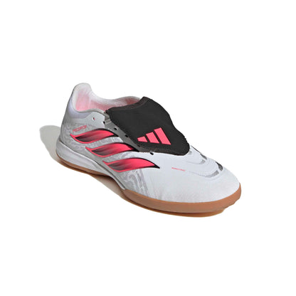 adidas Predator League Fold-Over Tongue IC indoor soccer cleats in white, pink and black with rubber court outsole