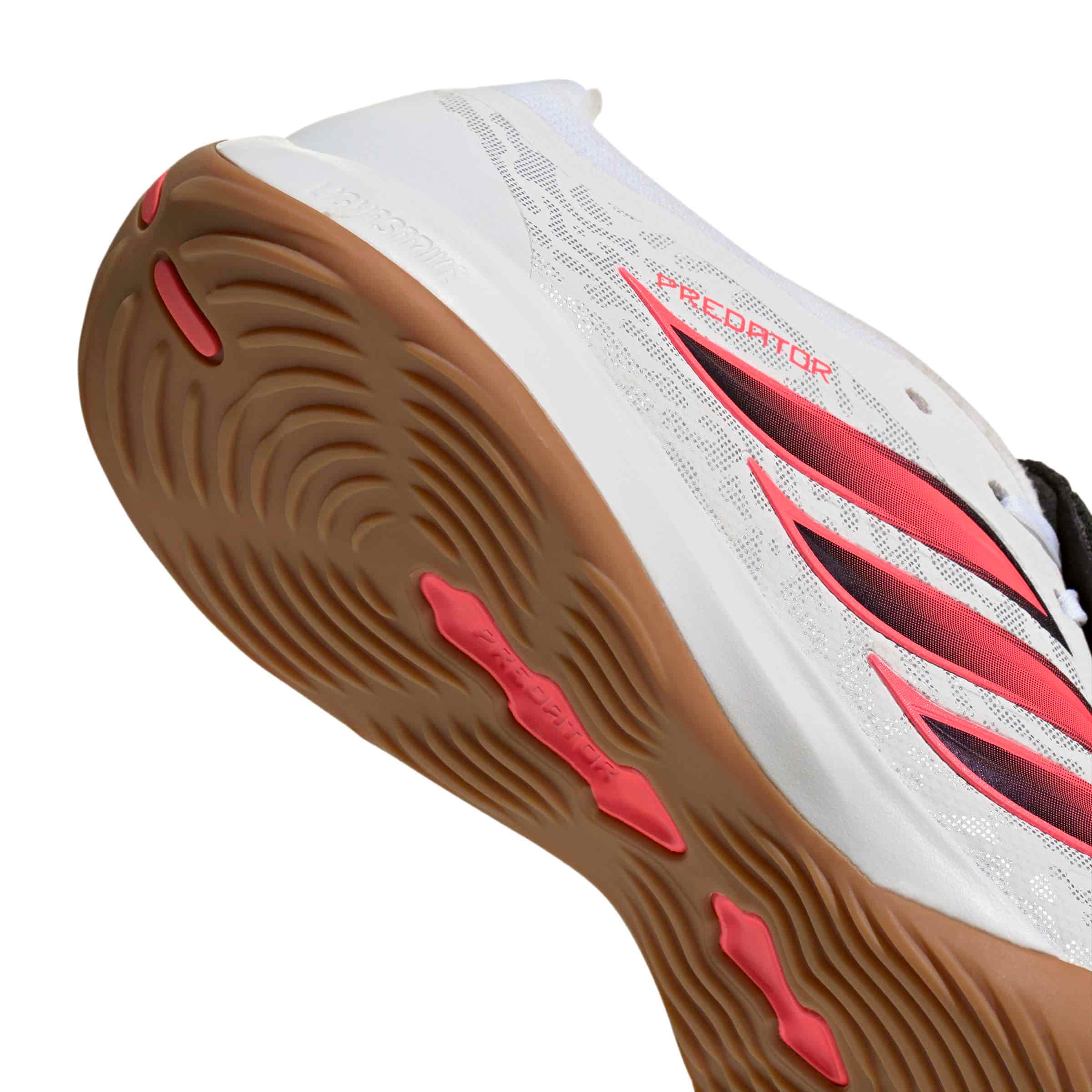 adidas Predator League Fold-Over Tongue IC indoor soccer cleats in white, pink and black with rubber court outsole