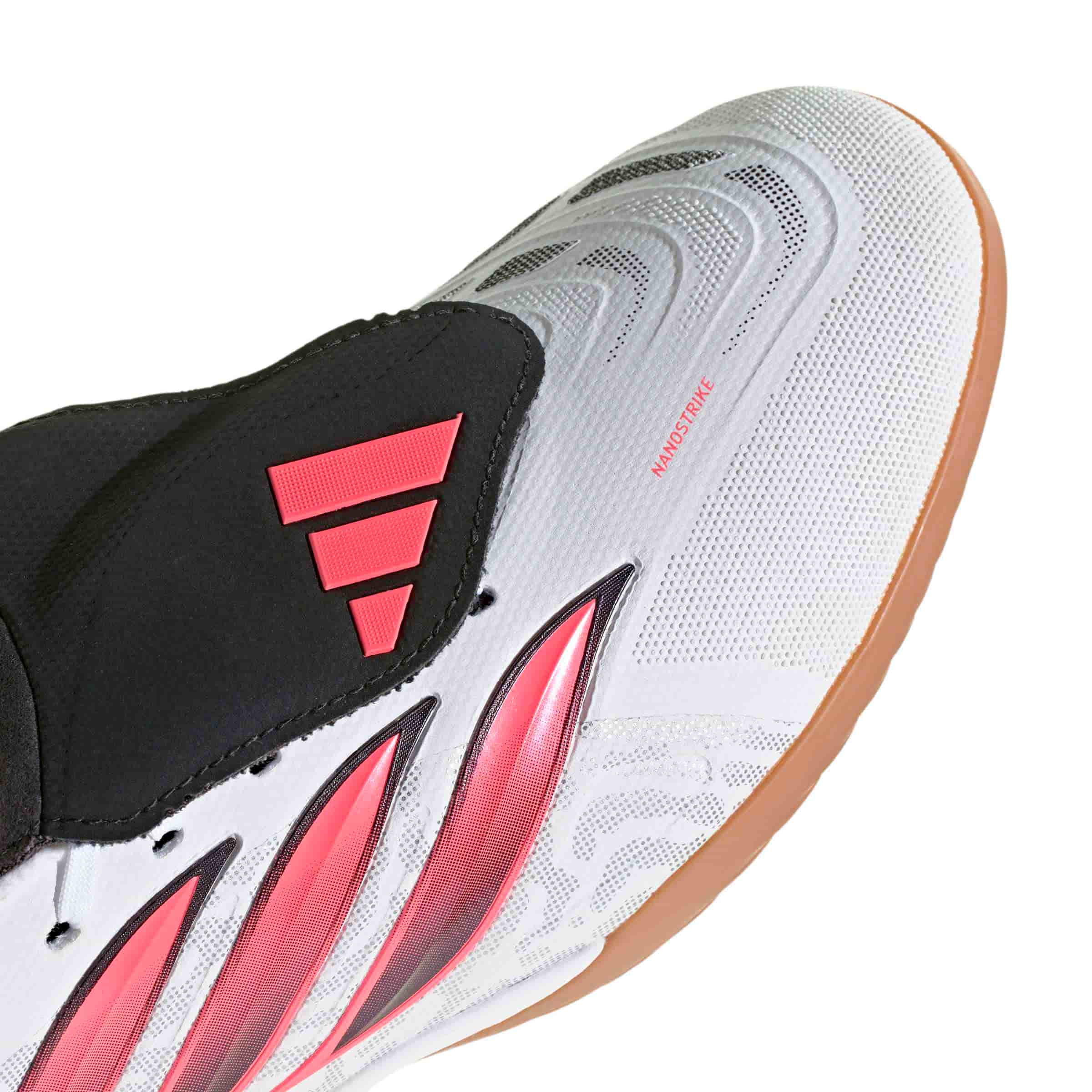 adidas Predator League Fold-Over Tongue IC indoor soccer cleats in white, pink and black with rubber court outsole