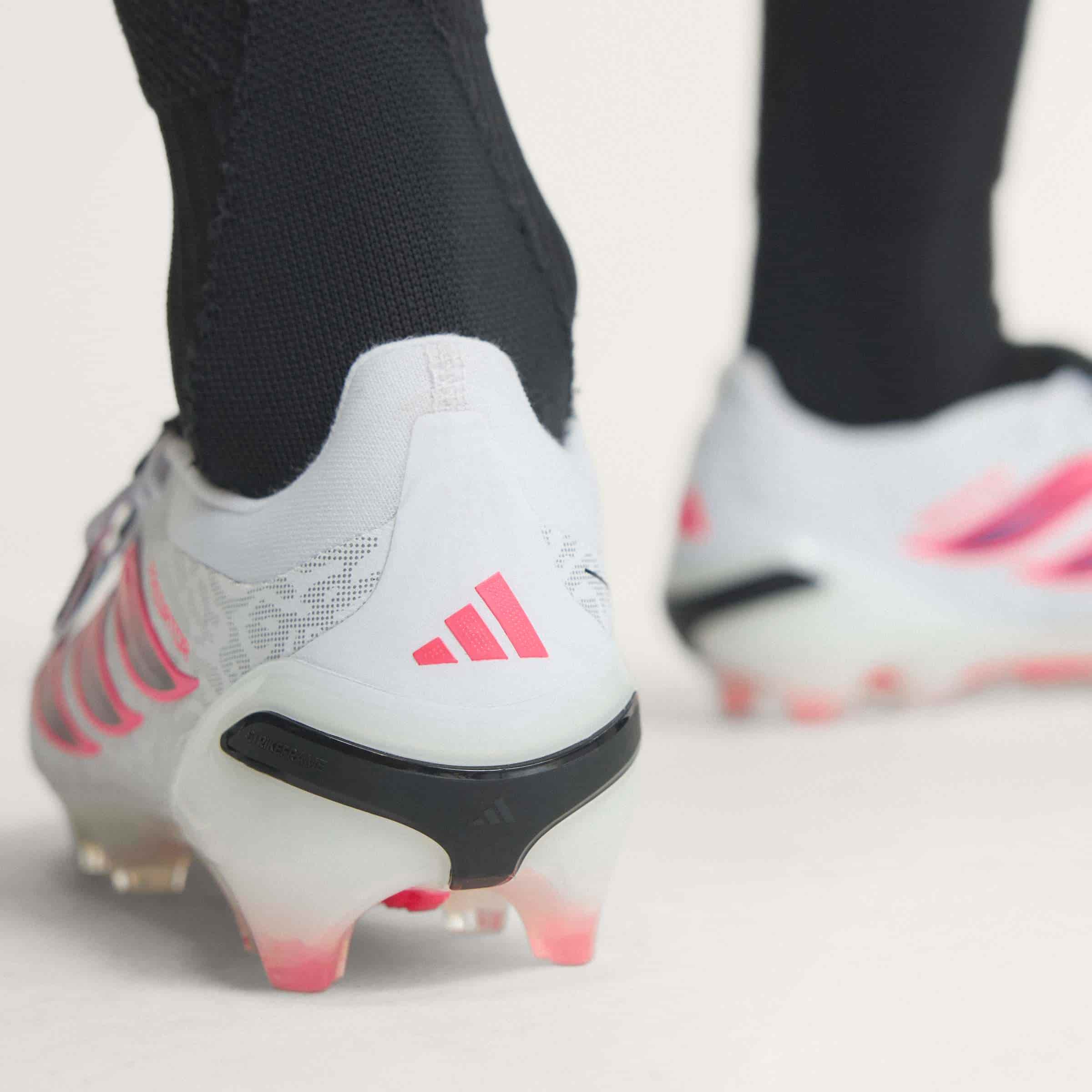 adidas Predator Pro Fold-Over Tongue FG soccer cleats in white, pink and black with firm-ground studded outsole