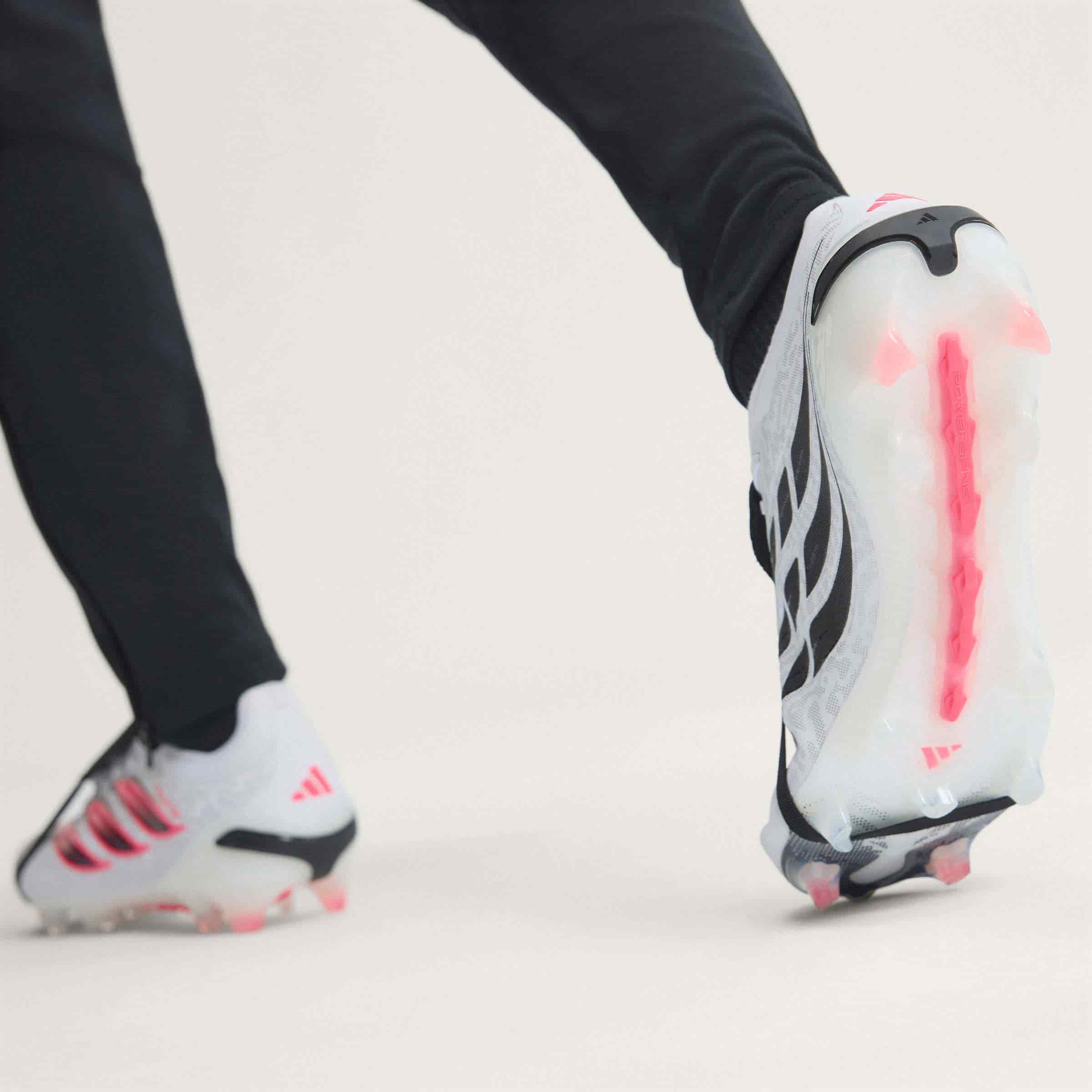 adidas Predator Pro Fold-Over Tongue FG soccer cleats in white, pink and black with firm-ground studded outsole