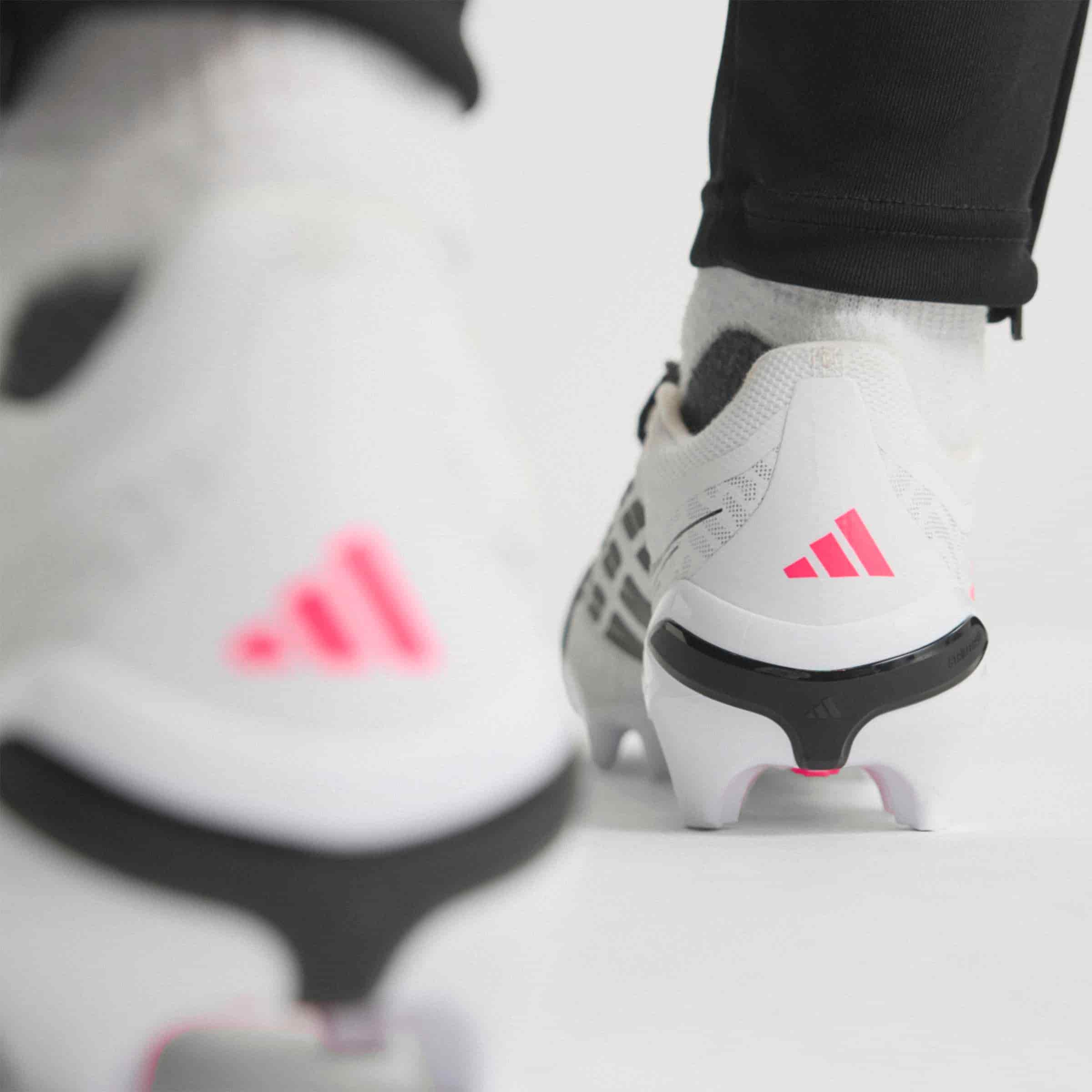 adidas Predator League Fold-Over Tongue FG soccer cleats in white, pink and black with classic fold-over tongue