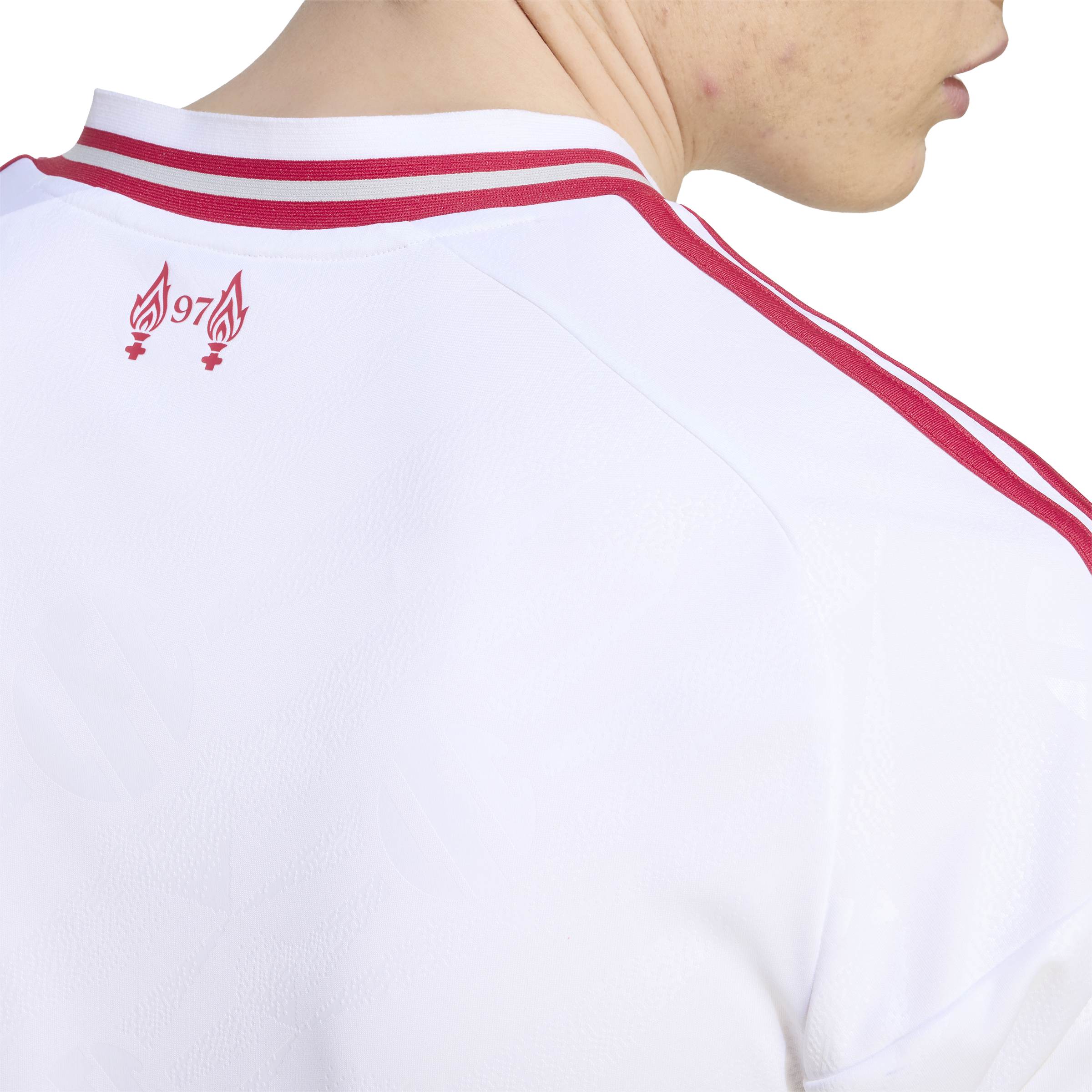 Liverpool FC 26/27 Away Jersey in white with red details, V-neck, club crest and adidas CLIMACOOL technology