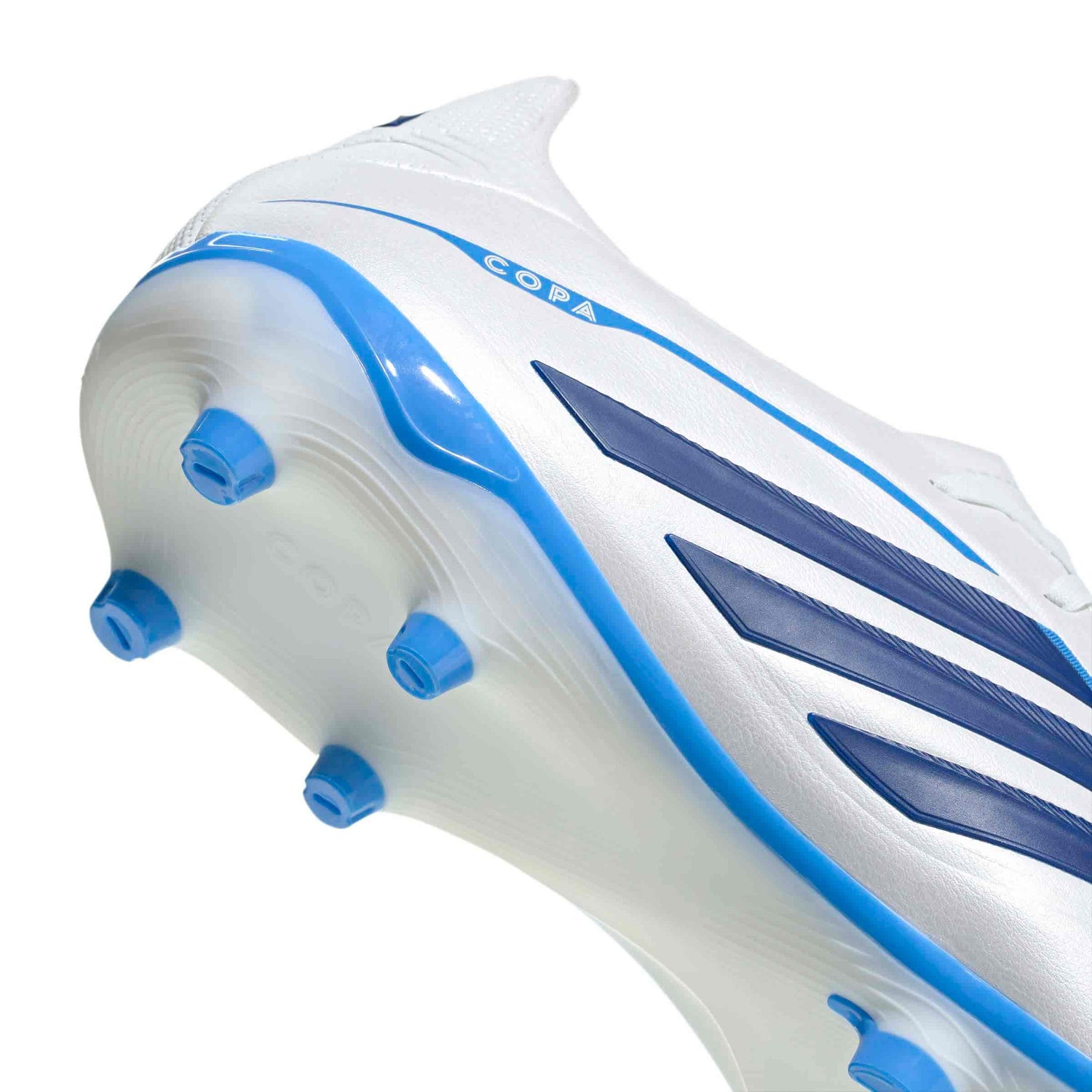 adidas Copa Pure IV League FG soccer cleats in white, blue and silver with firm-ground outsole