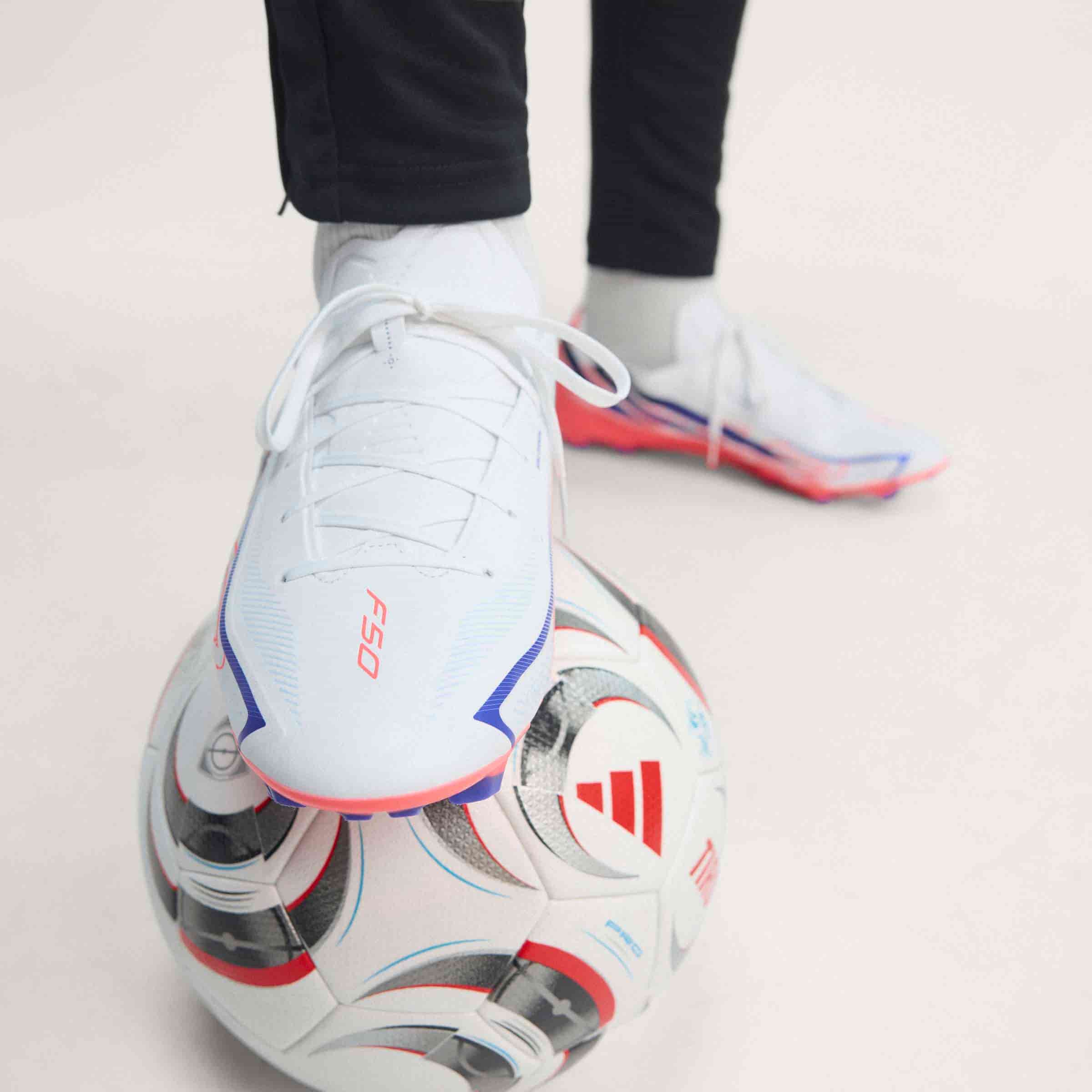adidas F50 Hyperfast League FG soccer cleats in white, pink and navy with firm-ground outsole