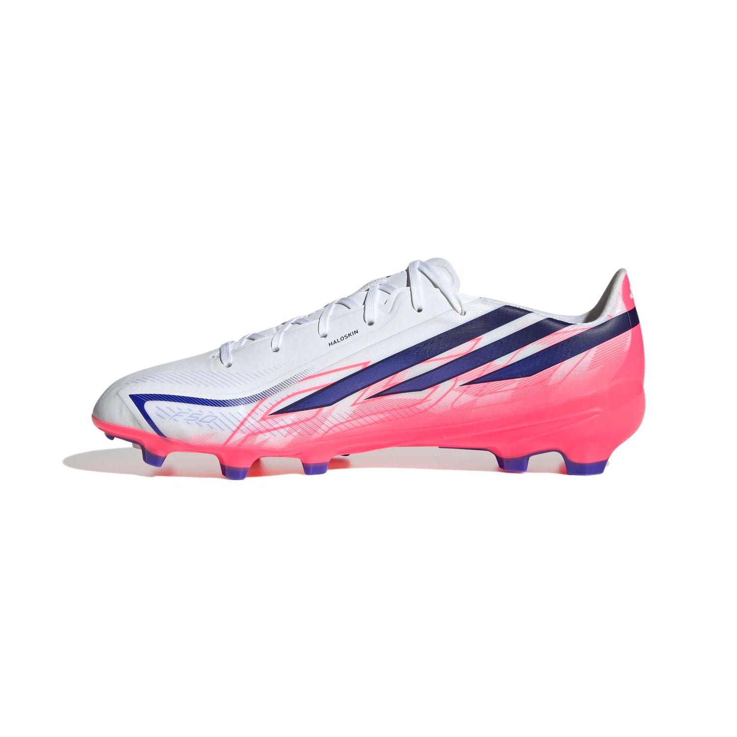 adidas F50 Hyperfast League FG soccer cleats in white, pink and navy with firm-ground outsole