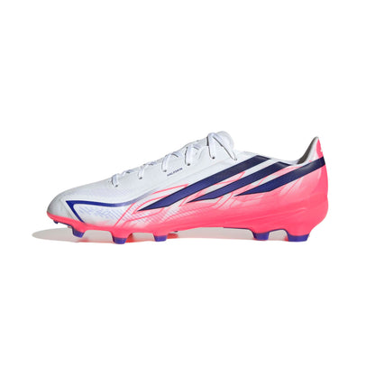 adidas F50 Hyperfast League FG soccer cleats in white, pink and navy with firm-ground outsole
