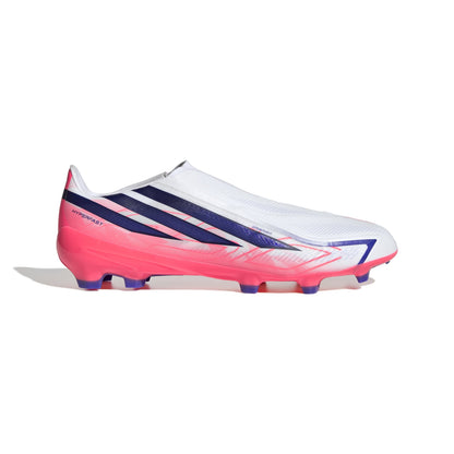adidas F50 Hyperfast League Laceless FG soccer cleats in silver, navy and pink with firm-ground outsole