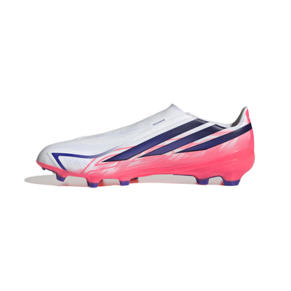 adidas F50 Hyperfast League Laceless FG soccer cleats in silver, navy and pink with firm-ground outsole