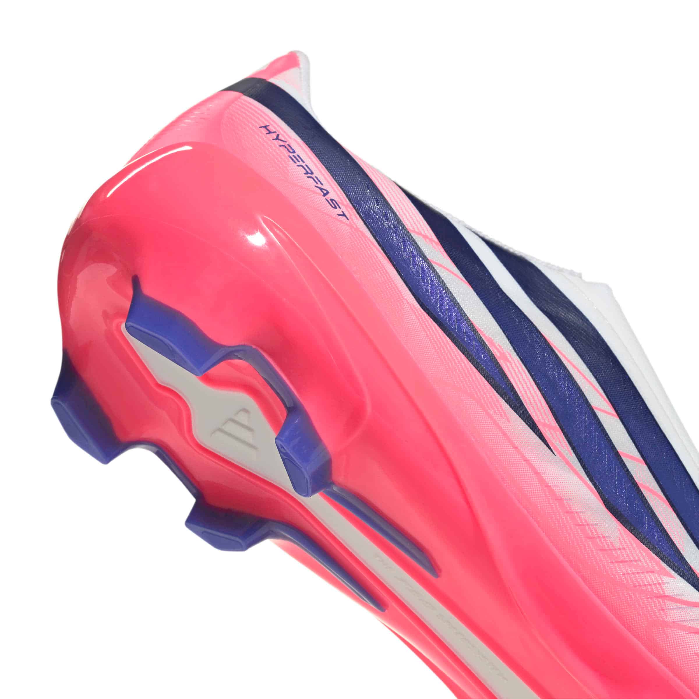 adidas F50 Hyperfast League Laceless FG soccer cleats in silver, navy and pink with firm-ground outsole