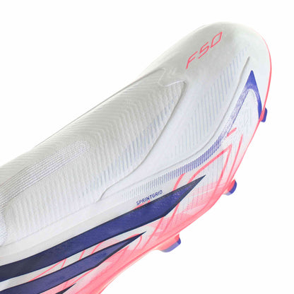 adidas F50 Hyperfast League Laceless FG soccer cleats in silver, navy and pink with firm-ground outsole