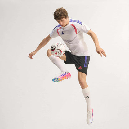 adidas F50 Hyperfast Elite FG soccer cleat in silver, navy and pink with firm-ground outsole