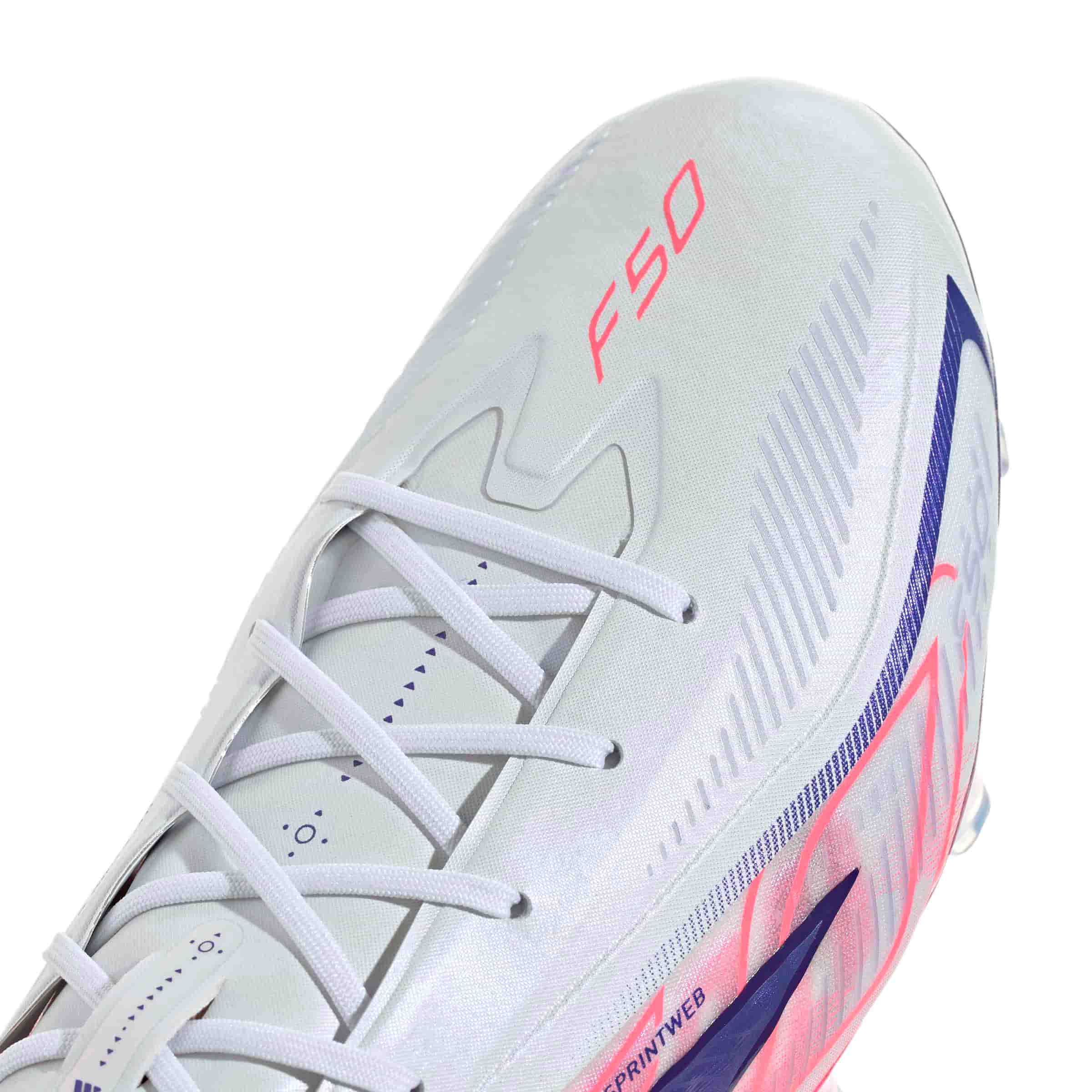 adidas F50 Hyperfast Elite FG soccer cleat in silver, navy and pink with firm-ground outsole