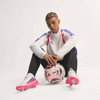 adidas F50 Hyperfast Pro FG soccer cleats in white, pink and navy with firm-ground outsole