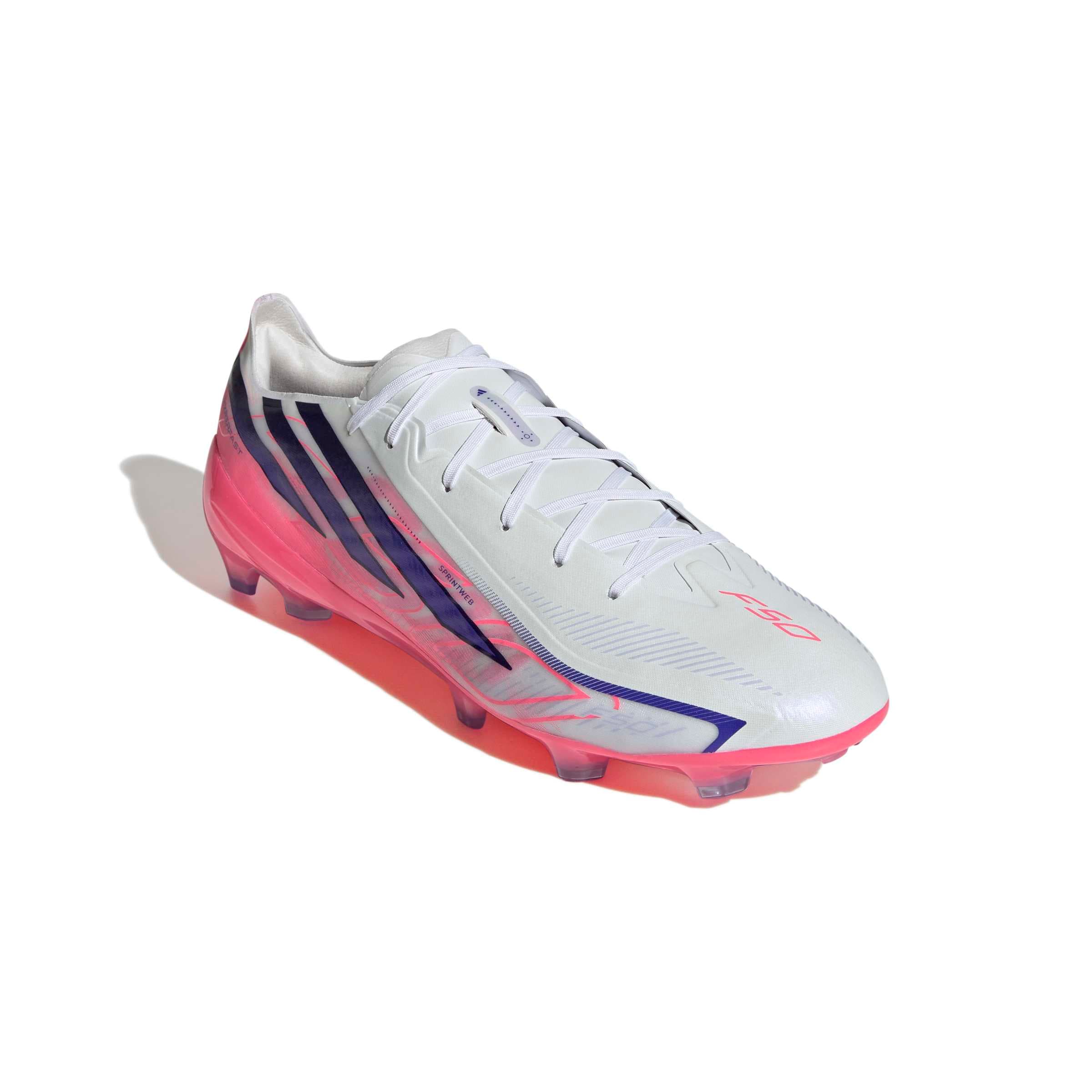 adidas F50 Hyperfast Pro FG soccer cleats in white, pink and navy with firm-ground outsole