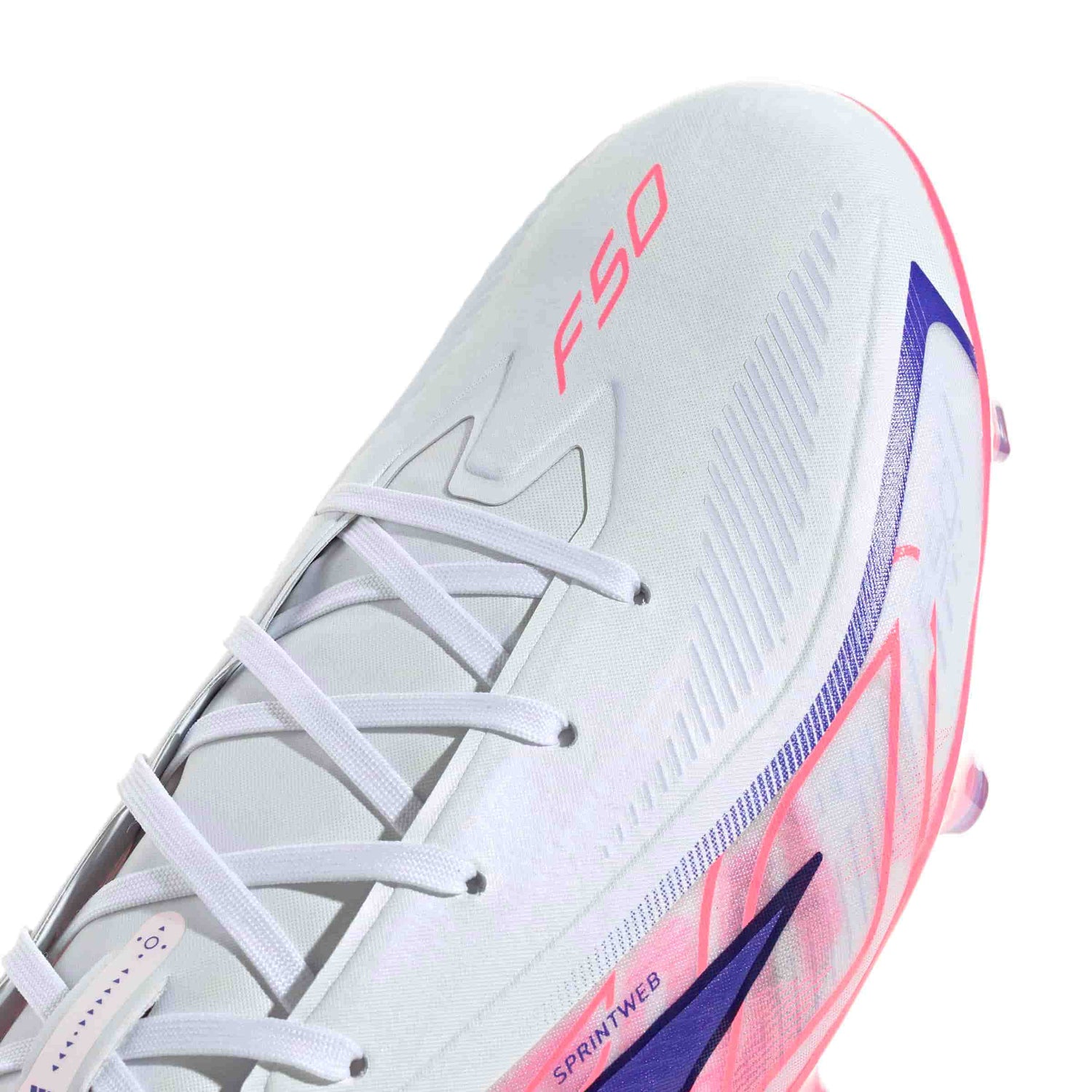adidas F50 Hyperfast Pro FG soccer cleats in white, pink and navy with firm-ground outsole
