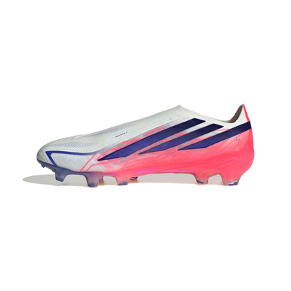 adidas F50 Hyperfast Elite Laceless FG soccer cleats in pink, white and navy with laceless HALOSKIN+ upper