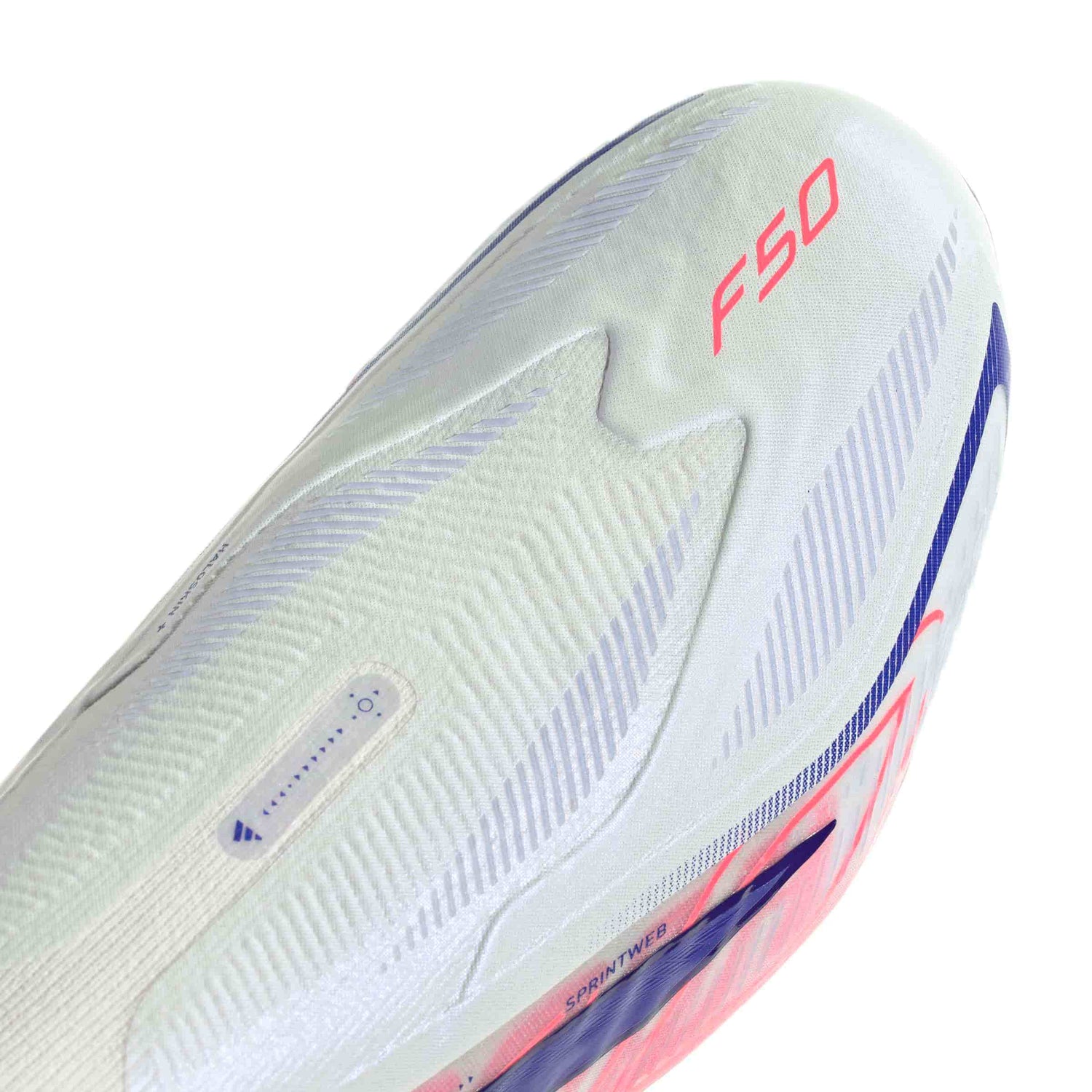 adidas F50 Hyperfast Elite Laceless FG soccer cleats in pink, white and navy with laceless HALOSKIN+ upper