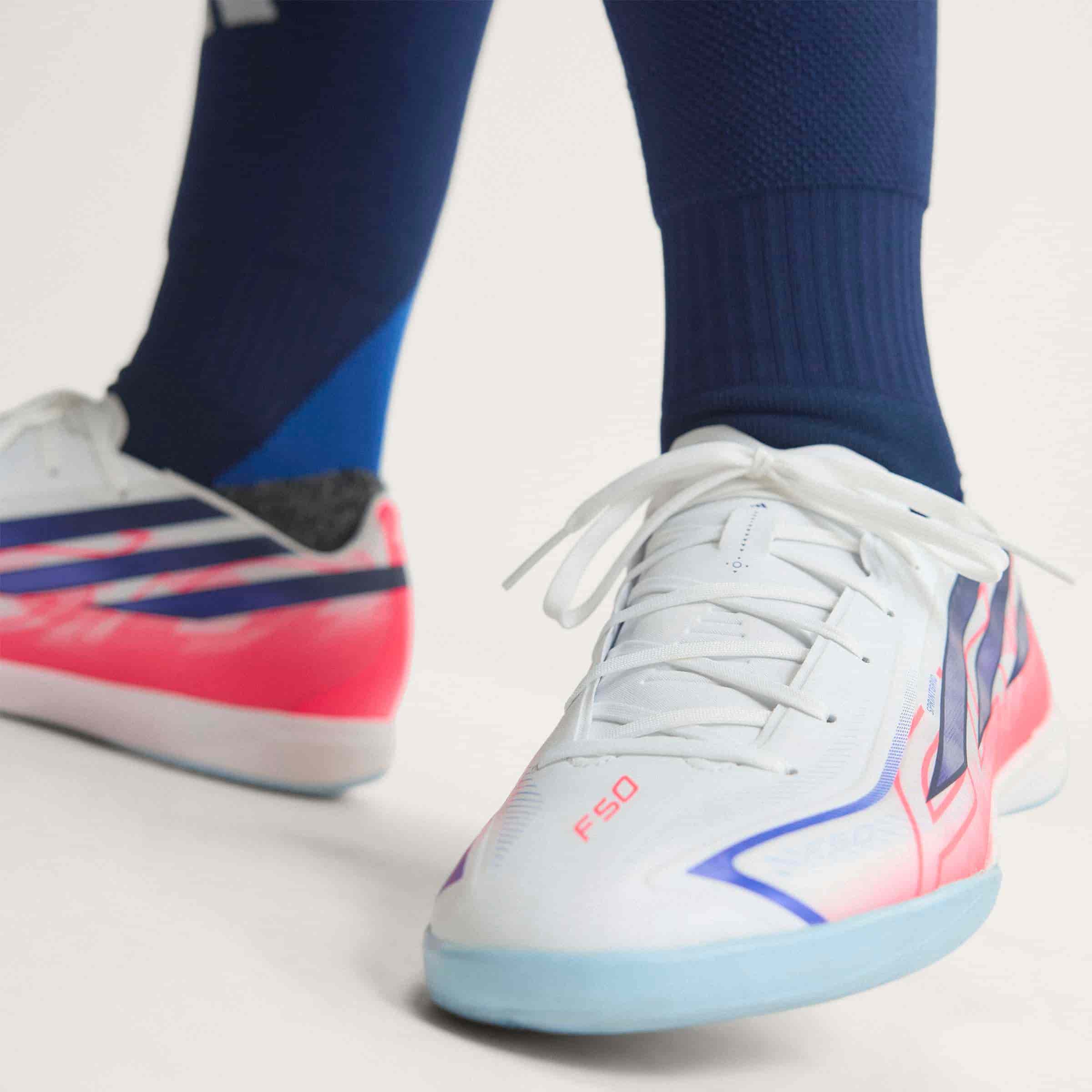 adidas F50 Hyperfast League IC indoor soccer cleat in silver, navy and pink with non-marking rubber outsole