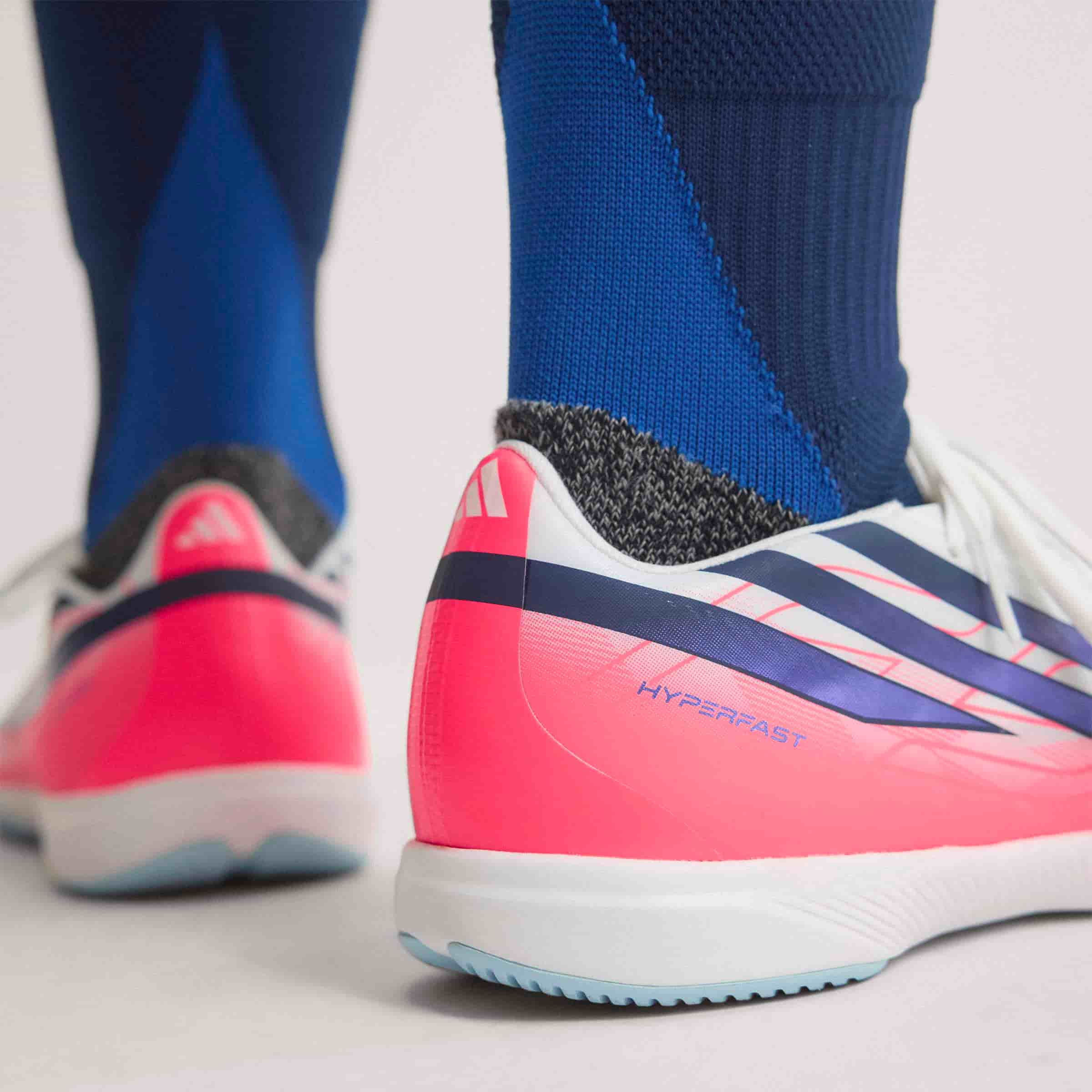 adidas F50 Hyperfast League IC indoor soccer cleat in silver, navy and pink with non-marking rubber outsole