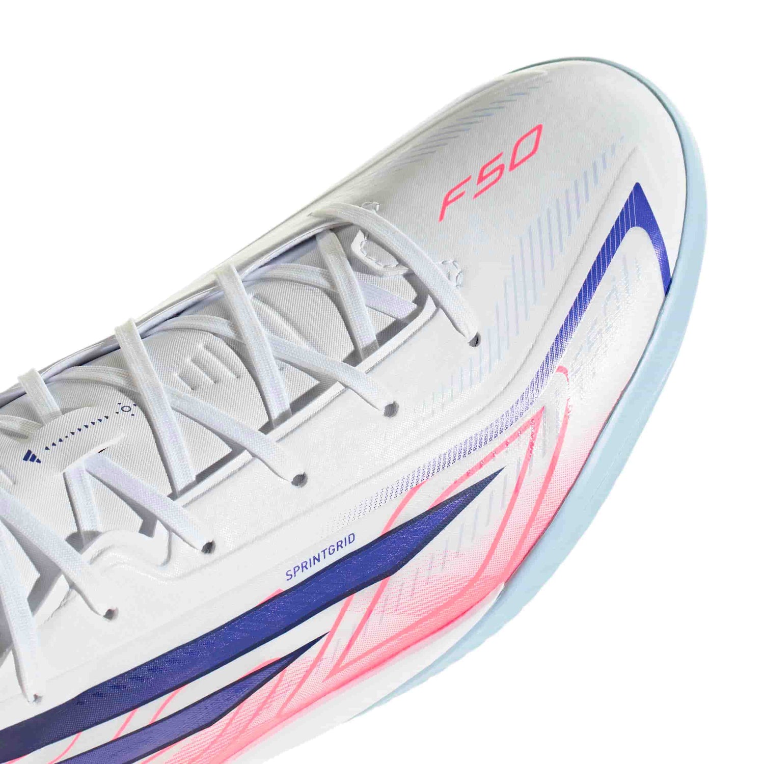 adidas F50 Hyperfast League IC indoor soccer cleat in silver, navy and pink with non-marking rubber outsole