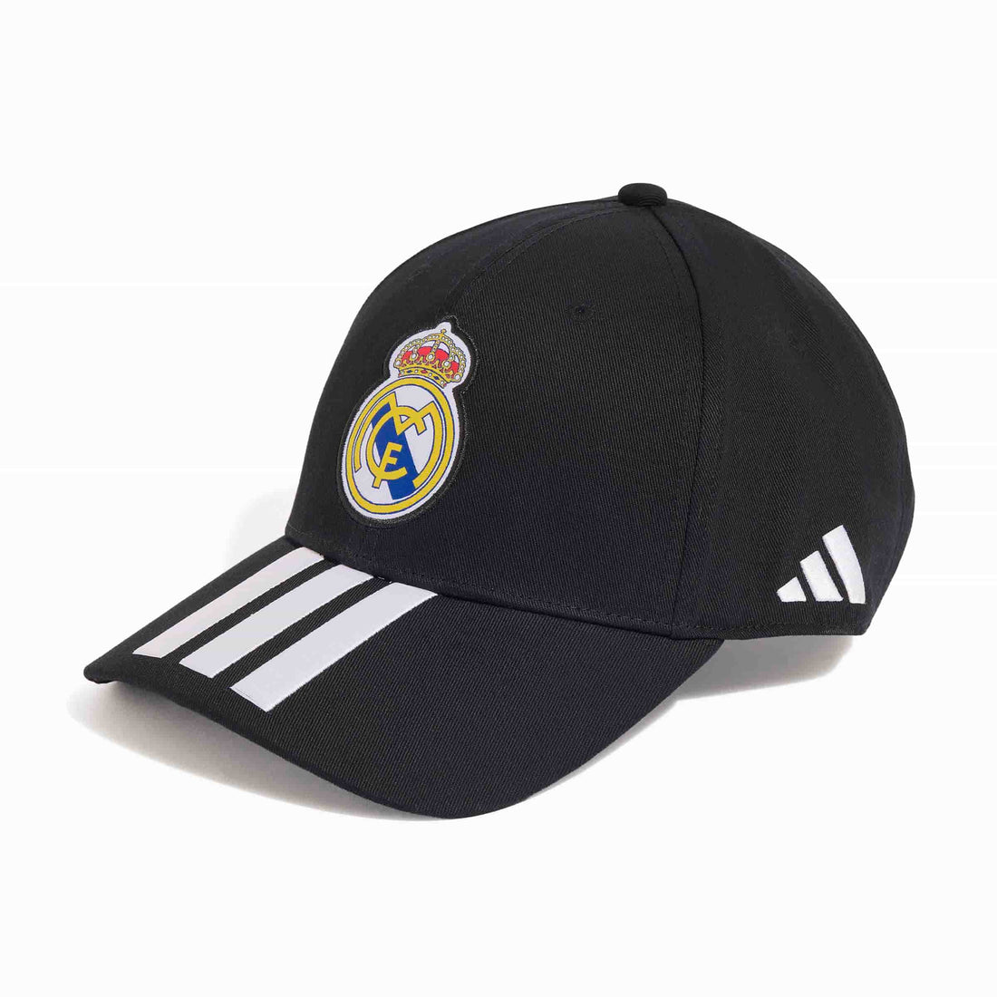 Real Madrid Baseball Cap black front angle view with club crest and white adidas stripes