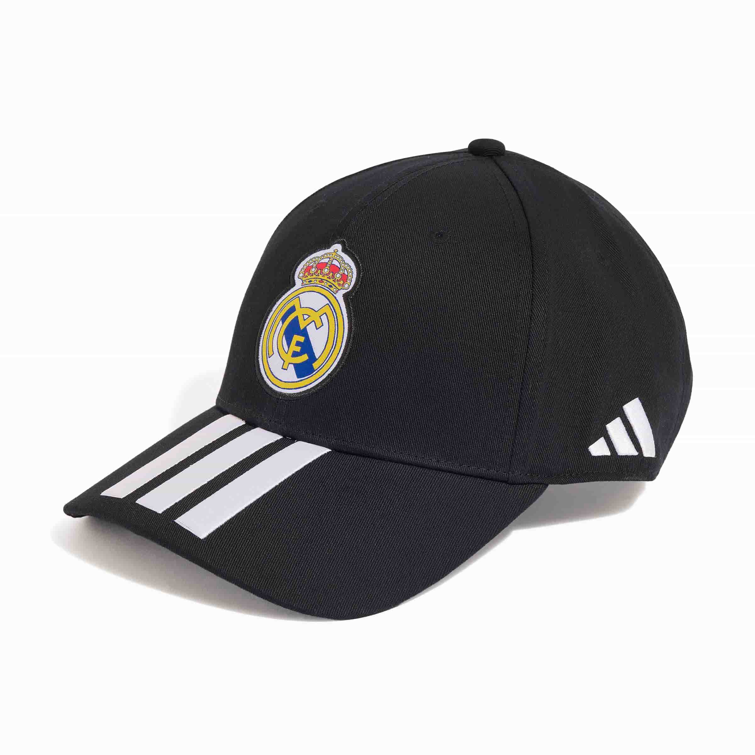Real Madrid Baseball Cap black front angle view with club crest and white adidas stripes