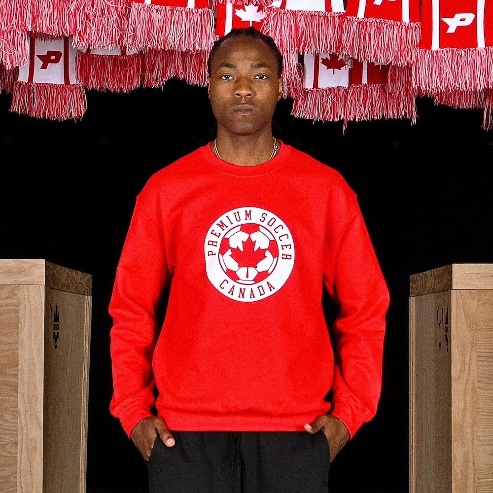 Premium Soccer Old School Crewneck in red with vintage Canada-inspired graphic