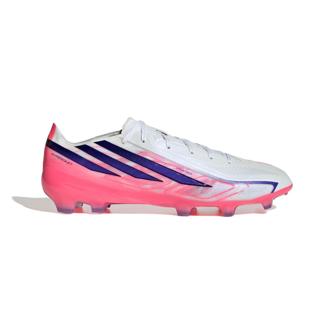 adidas F50 Hyperfast Pro FG soccer cleats in white, pink and navy with firm-ground outsole